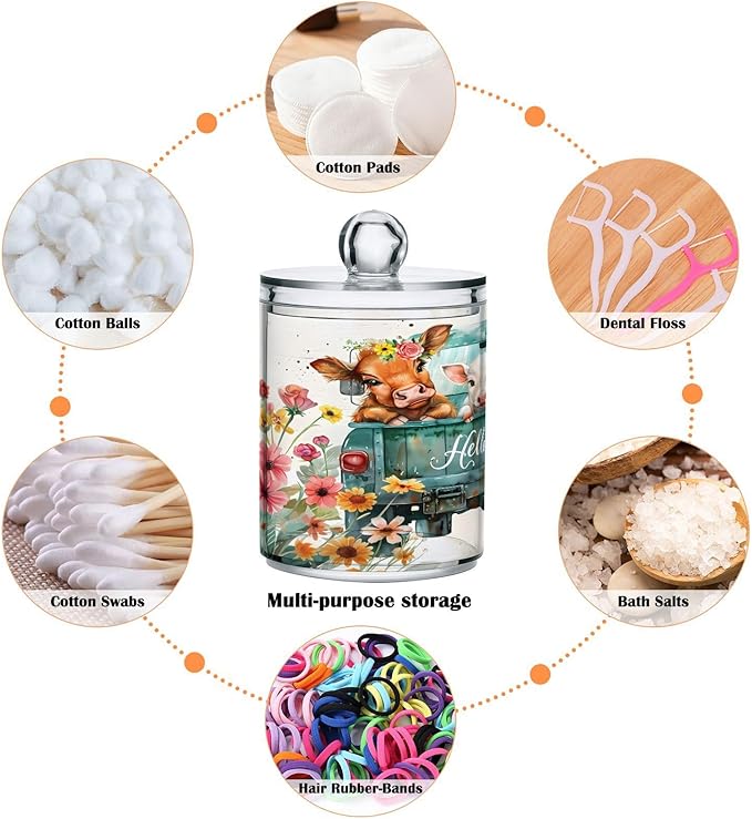 4 Pack Qtip Holder Dispenser Cow Pig Donkey Truck Cotton Ball Swab Round Pads Floss Clear Bathroom Storage Containers Plastic Apothecary Jars with Lids