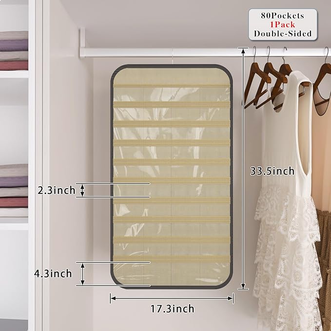 1 Pack Hanging Jewelry Organizer 80-Pocket Dual-sided Jewelry Storage for Earring Necklace Bracelet Ring Travel Holder, Black and Beige