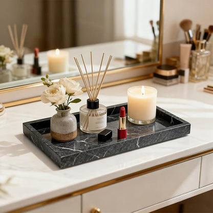 Pure Natural Marble Tray for Bathroom, Dresser, Sink. Cosmetics, toiletries, perfumes, Jewelry, Candles, etc. can be Placed (Ocean Wave Gray, 12" x 8" x 1.2")