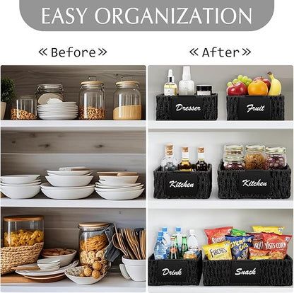 Marsui 9 Pcs Paper Rope Storage Baskets with Handle Labels Handwoven Multi-size Black Storage Bins for Organizing Small Baskets Container for Shelves Closet Pantry Toilet