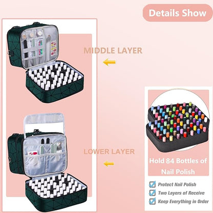 FCQQYWZ Large Nail Polish Organizer Case Hold 84+ Bottles Nail Polish & Nail Lamp, 3 Layers Nail Organizers and Storage for Nail Tech with Divider, Travel Carrying Case(Green)