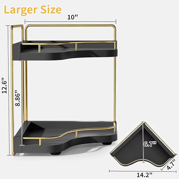 2-Tier Corner Bathroom Counter Organizer with Embedded Screw Holes, Secure & Stable Wood Vanity Shelf for Makeup and Skincare Essentials - Space Saving Bathroom Countertop Storage, Black Gold