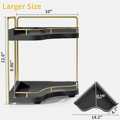 2-Tier Corner Bathroom Counter Organizer with Embedded Screw Holes, Secure & Stable Wood Vanity Shelf for Makeup and Skincare Essentials - Space Saving Bathroom Countertop Storage, Black Gold