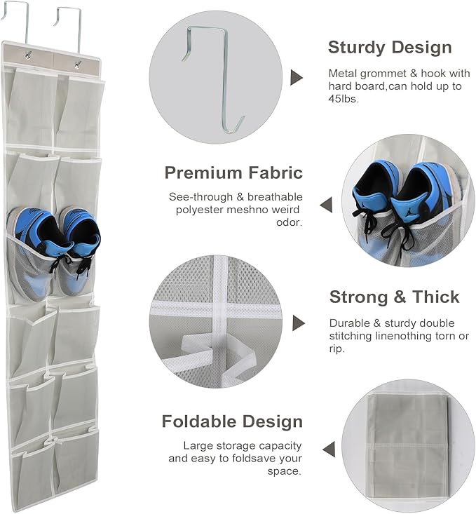 GOMAJI Over the Door 12 Pocket Hanging Shoe Organizer, Gray