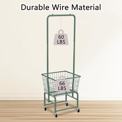Rolling Laundry Cart with Wheels, Laundry Hamper Basket Organizer with Clothes Hanging Rack, Wire Storage Cloth Shelf Butler, Green