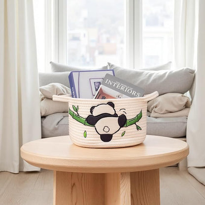 SHCMSADO Cute Panda Cotton Rope Storage Basket – Round Toy Basket with Handles, Delicate and Durable Shelf Organizer for Toys, Clothes, Closet, 10.63 x 7.08 Inches, White