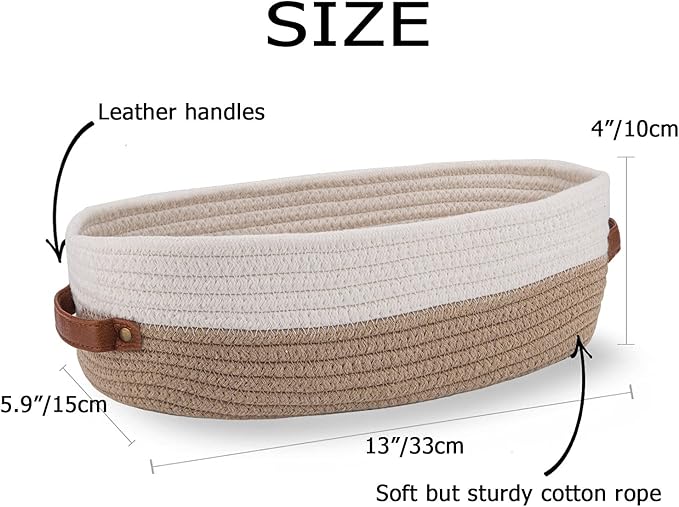 Cotton Rope Bathroom Decor Basket,Toilet Paper Holder Basket,Farmhouse Home Decor Organizing Baskets 13"x5.9"x4" Brown Stitching White