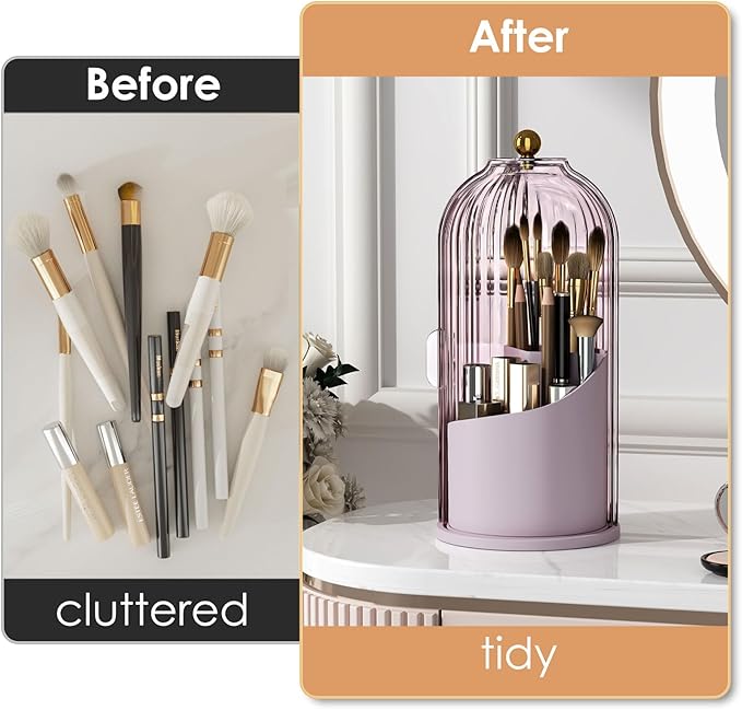 YOOLENS Makeup Brush Holder with Lid 360 Rotating Clear Dustproof Make Up Organizers for Vanity Bathroom Countertop, Pink