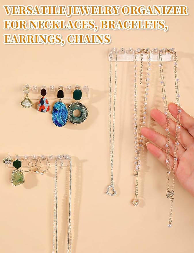 12Pcs Self-Adhesive Necklace Organizer, Necklace Holder Wall Mounted, Hanging Jewelry Organizer with 8 Hooks for Necklaces, Bracelets, Rings, Earrings and Jewelry Display (3.7inch Long)