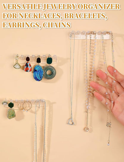 12Pcs Self-Adhesive Necklace Organizer, Necklace Holder Wall Mounted, Hanging Jewelry Organizer with 8 Hooks for Necklaces, Bracelets, Rings, Earrings and Jewelry Display (3.7inch Long)