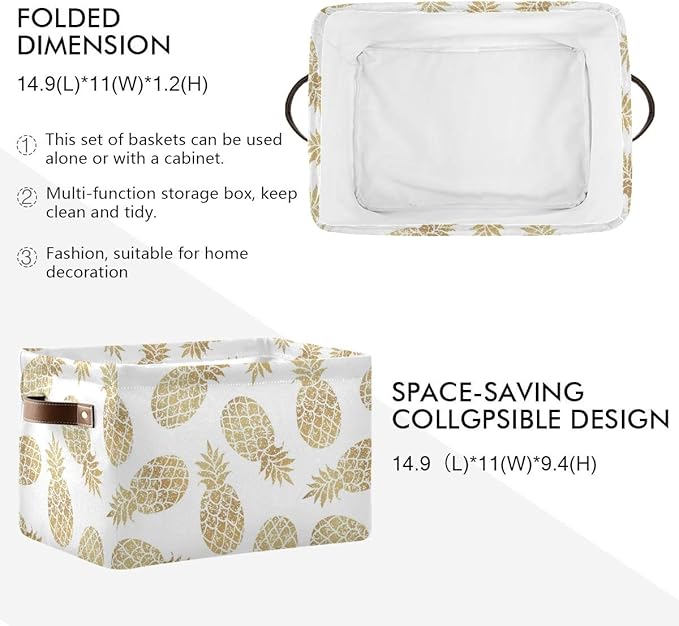 Large Storage Basket Bin Pineapple Pattern Storage Cube Box Foldable Canvas Fabric Collapsible Organizer with Handles for Home Office Closet