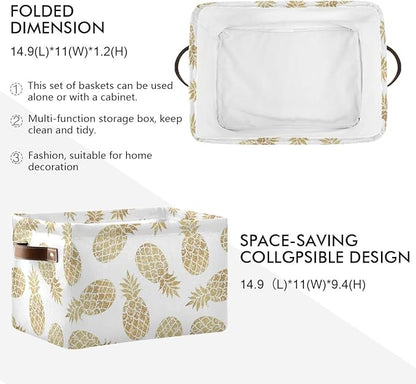 Large Storage Basket Bin Pineapple Pattern Storage Cube Box Foldable Canvas Fabric Collapsible Organizer with Handles for Home Office Closet