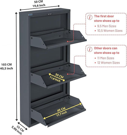 CEHA 3 Tier Metal Shoe Cabinet with Cover, Durable Shoe Storage Organizer for Entryway, Space Saving Shoe Shelf Closet, 5.91" x 40.6" x 19.68", Anthracite