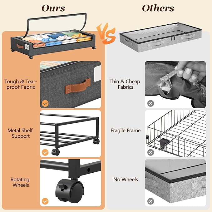 Yecaye 70 L Under Bed Storage with Wheels, 3 Pack Larger Capacity Under Bed Storage Containers, Underbed Shoe Storage Organizer, Rolling Under Bed Metal Drawers for Clothes, Blankets, Hemp Grey