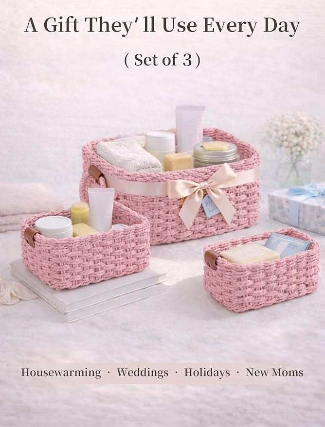 Storage Basket, Recycled Paper Rope Bathroom Basket Organizer, 3Pcs Small Baskets for Organizing, Mini wicker Basket for Decorative Storage Bins, Shelves, Bathroom, Cabinet - Pink