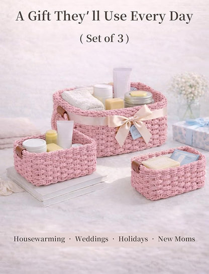 Storage Basket, Recycled Paper Rope Bathroom Basket Organizer, 3Pcs Small Baskets for Organizing, Mini wicker Basket for Decorative Storage Bins, Shelves, Bathroom, Cabinet - Pink