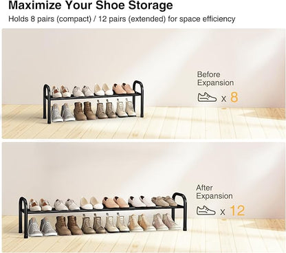 STO STO Long Expandable Shoe Rack 1-Tier, Adjustable Length 33.7”–47.5” Shoe Organizer, Metal Shoes Storage Shelf, Holds Up to 12 Pairs, Non-Slip Feet, for Closet, Entryway, Hallway, Front Door, Black