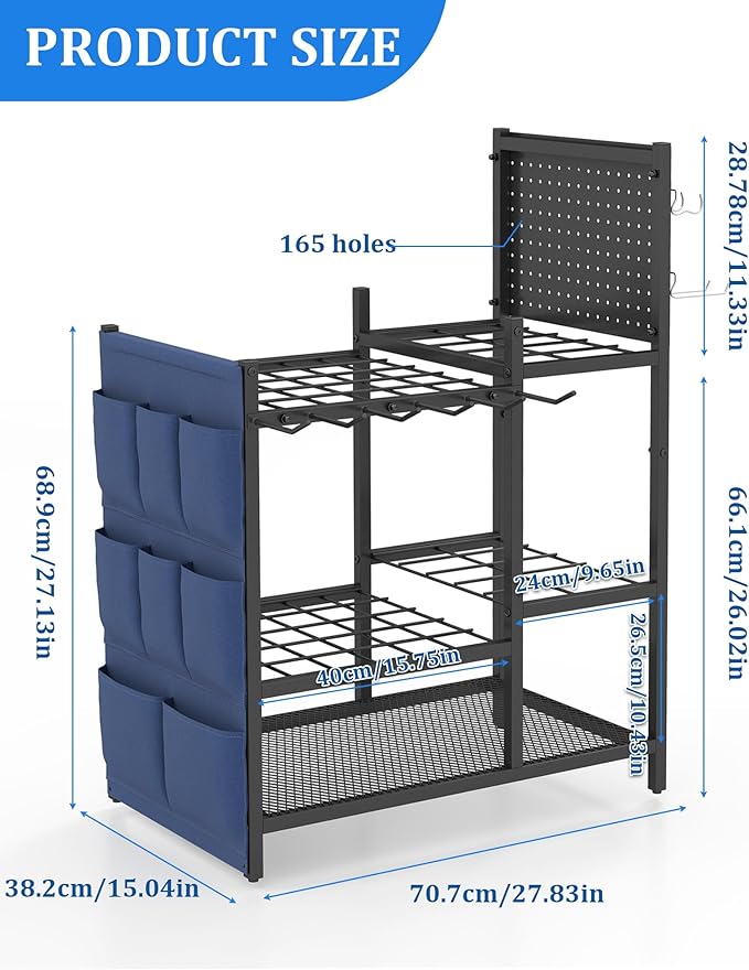 Garden Tool Organizer with Pegboard, Yard Tool Holder Standing for Garage Organization, Up to 30 Long-Handled/10 D-Handled Tools/Rake/Broom/Shovel/, with Side Storage Pocket