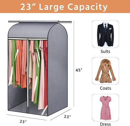 45'' Hanging Garment Bags for Closet Storage Sealed Completely Jackets Coats Suits Clothes Rack Cover for Wardrobe with Clear PVC Window and 3 Zippers Opening