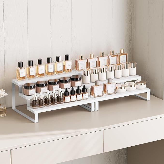 YATINEY Spice Rack, Wooden Display Riser Stand, Set of 2, Vanity Display Stand, Perfume Organizer, Tiered Countertop Organizers, Space Saving, for Kitchen Spices,Syrup, Coffee Mugs, White SR03L2WW