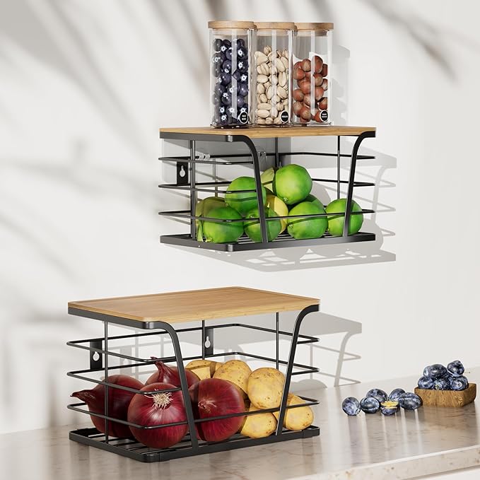 TIDIIABODE 2 Pack Extra Large Pantry Storage Organizers, Pantry Baskets organization, Potato and Onion Storage Bin, Wall Mount Trash Bag Storage for 13-33 Gallon Bags with Bamboo Top, Black