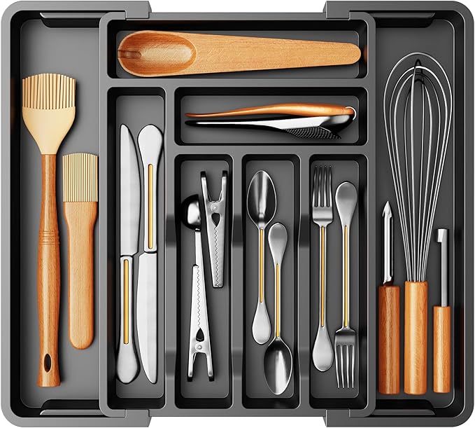 Pipishell Silverware Drawer Organizer, Expandable BPA-Free Kitchen Utensil Storage Tray for Forks, Spoons and Knives, Black Plastic Cutlery Holder