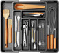 Pipishell Silverware Drawer Organizer, Expandable BPA-Free Kitchen Utensil Storage Tray for Forks, Spoons and Knives, Black Plastic Cutlery Holder