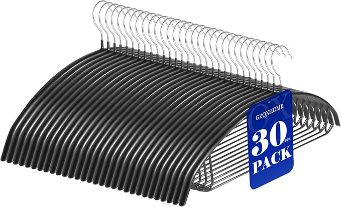 30 Pack Non Slip PVC Coating Metal Clothes Hangers No Shoulder Bump,Built-in Shoulder Hook and Bottom Rod,Suitable for Sweaters,Suits,Shirts,Skirt,Jackets (Black, 30 Pack)