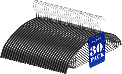 30 Pack Non Slip PVC Coating Metal Clothes Hangers No Shoulder Bump,Built-in Shoulder Hook and Bottom Rod,Suitable for Sweaters,Suits,Shirts,Skirt,Jackets (Black, 30 Pack)