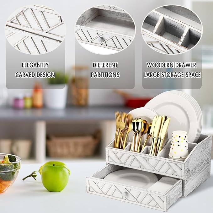 Marsui Paper Plate Dispenser, Wood Rustic Paper Plate Holder for Countertop with Drawer Silverware Utensil Caddy, Cutlery Flatware Organizer for Spoon Fork Napkins Kitchen Parties(Retro Aged White)