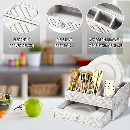 Marsui Paper Plate Dispenser, Wood Rustic Paper Plate Holder for Countertop with Drawer Silverware Utensil Caddy, Cutlery Flatware Organizer for Spoon Fork Napkins Kitchen Parties(Retro Aged White)