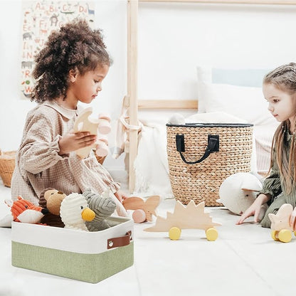 DULLEMELO Small Storage Basket, Fabric Collapsible Gift Storage Basket for Shelves, Closets, Nursery, Home, Office Organizing, Small Canvas Linen Rectangular Storage Bin with Handles (White&Green)