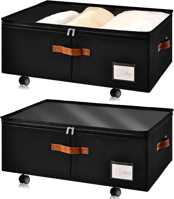 Freebat Under Bed Storage Organizer with Wheels, Underbed Container with Clear Lid Cover, Storage Bag Box with Visiable Window for Clothes, Bedsheet, Pillow, 2 Pack