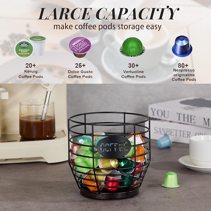 Yangbaga 1pcs Coffee Pod Holder - Large Capacity Black Wire K-Cup Holder With Wooden Base, Modern Basket Bar Decor for Station,Coffee Pods & Capsules, Fruit Snack Storage