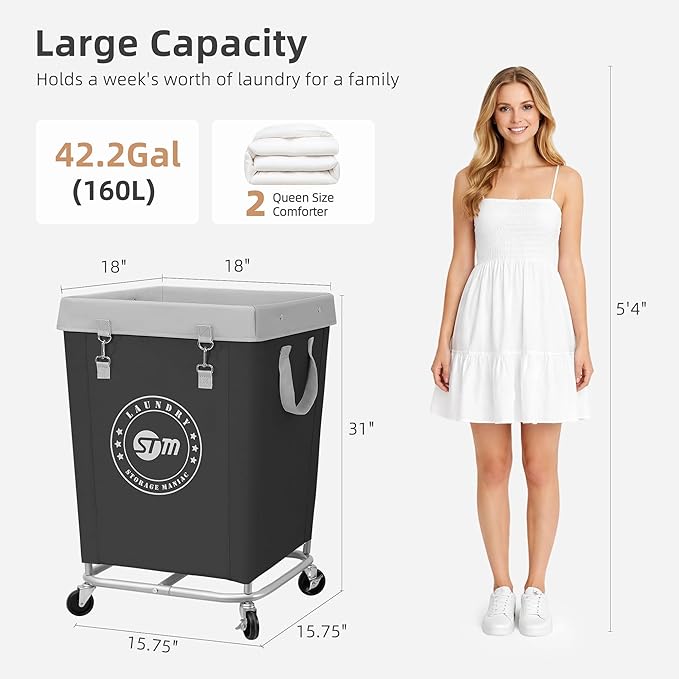STORAGE MANIAC Commercial Laundry Hamper with Heavy Duty Steel Frame, 160 L Industrial Laundry Basket Cart with Wheels for Hotel, Home, Laundry Room, 17.72''L x 17.72''W x 30.91''H, Medium Black