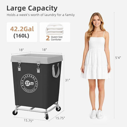 STORAGE MANIAC Commercial Laundry Hamper with Heavy Duty Steel Frame, 160 L Industrial Laundry Basket Cart with Wheels for Hotel, Home, Laundry Room, 17.72''L x 17.72''W x 30.91''H, Medium Black