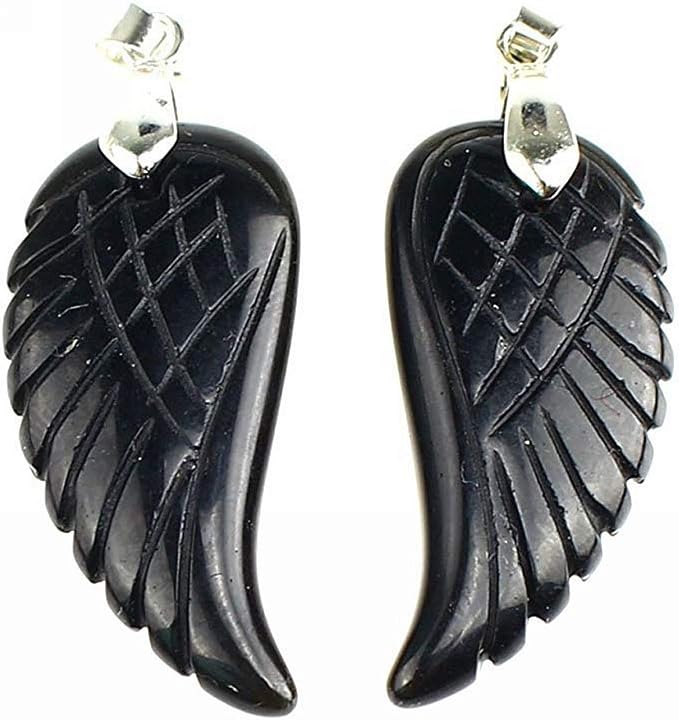 35mm Hand carved mixed gemstom angel wing for necklace pendant bead (black obsidian)