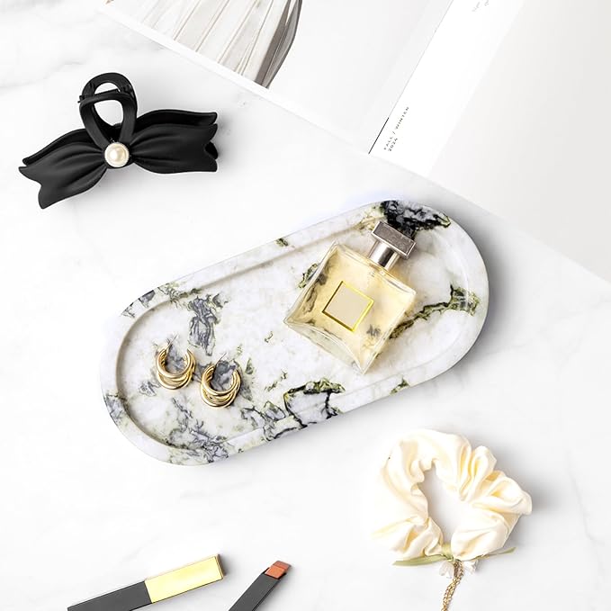 Natural Marble Vanity Tray Luxury Oval Stone Trays for Jewelry Perfume Candle, Calacatta Viola Decorative Dish for Bathroom,Bedroom,Dresser Countertop Storage Organizer for Home Decor (WH059)