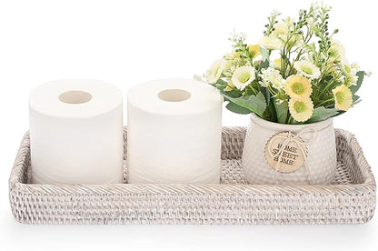 Sumnacon 16 Inch Rattan Bathroom Vanity Tray - Decorative Wicker Toilet Tank Tray for Paper Hand Towel,Vintage Storage Basket Bin for Bathroom Kitchen Toilet Tank Vanity Countertop Table Shelf,White