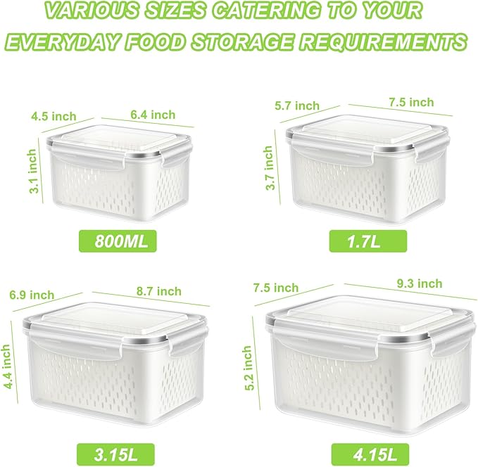 TBMAXS Fruit Storage Containers for Fridge, 4 Pack Produce Saver Vegetable Container with Drain Colanders - Refrigerator Organizer for Lettuce Keepers Berry Container