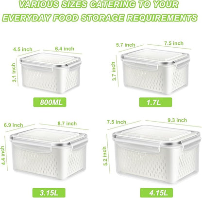 TBMAXS Fruit Storage Containers for Fridge, 4 Pack Produce Saver Vegetable Container with Drain Colanders - Refrigerator Organizer for Lettuce Keepers Berry Container