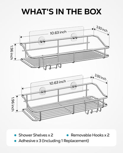 Nieifi Shower Caddy Shelf Storage Rack Adhesive Without Drilling Stainless Steel with Hooks for Washroom, Lavatory, Restroom, Toilet, Bathroom, Kitchen - 2 Pack