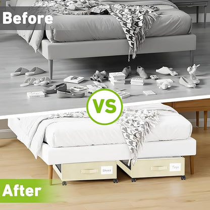 Molutsody Under Bed Storage with Wheels, 4-Pack UnderBed Storage Containers with Clear Lids, Under Bed Shoe Storage Organizer, Rolling Under Bed Storage for Clothes Shoes Blankets (Beige)