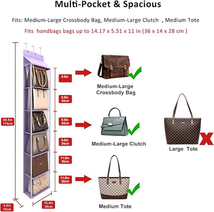 Lirex Over The Door Purse Organizer & Purse Shelf for Closet – Handbag Storage Organizer with Purse Hanger. Perfect for Scarves, Hats, and Leggings. L (15.7'' x 5.7'' x 68''), Purple