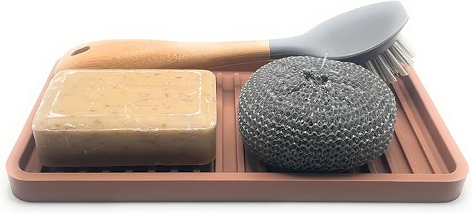 Silicone Sink and Surface Organizer Tray, Sponge Holder, Vanity Tray, Trivet, Heat Safe, Dishwasher Safe, for Bathroom and Kitchen Organization (Mocha, 10"x5.25")