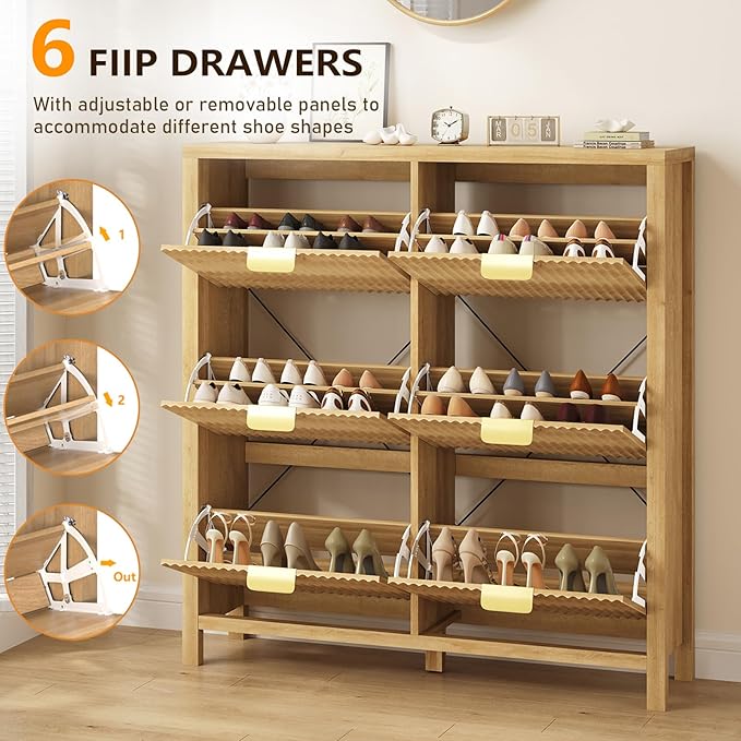 YOMILUVE 47.3" Shoe Cabinet Storage for Entryway, Fluted Shoe Cabinet with 6 Flip Drawers, Slim Shoe Rack Freestanding Wooden Shoe Organizer with Legs for Hallway, Oak
