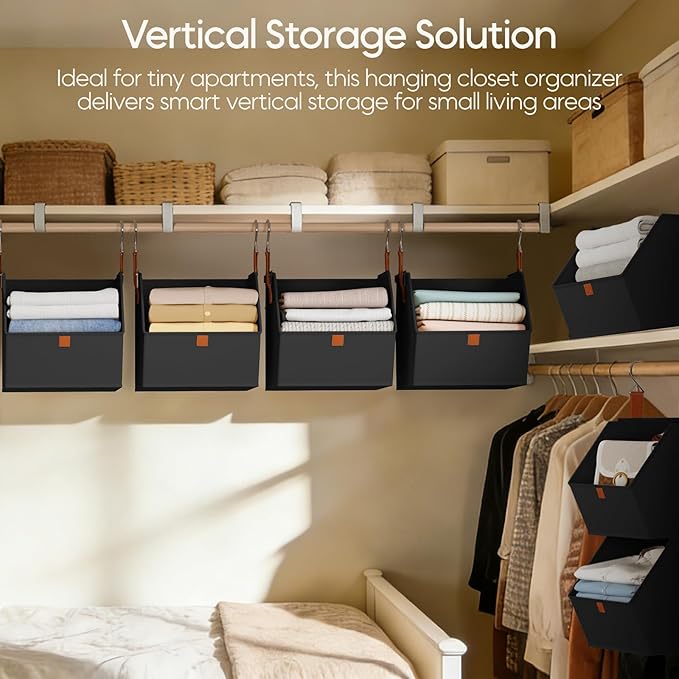 Homsorout Collapsible Hanging Closet Organizer - 6 Tier Closet Shelves Storage System with Hooks, Fabric Hanging Storage Bins for Clothes, Foldable Storage Basket for Laundry, Bedroom, Rv, Black