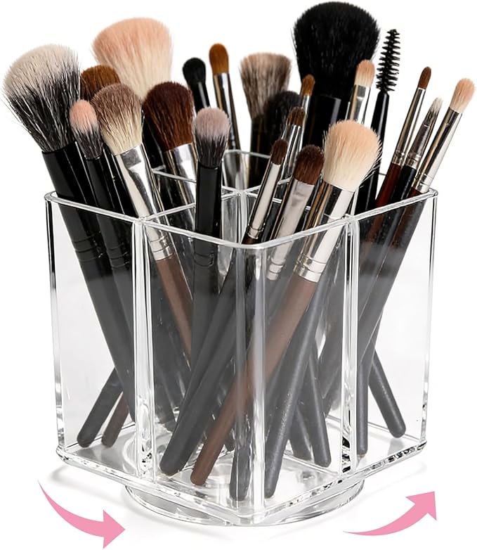 Acrylic Makeup Brush Holder, Clear Rotating Makeup Brush Holder Organizer with 4 Slots, Square Makeup Brush Cup for Vanity Desk Countertop Bathroom
