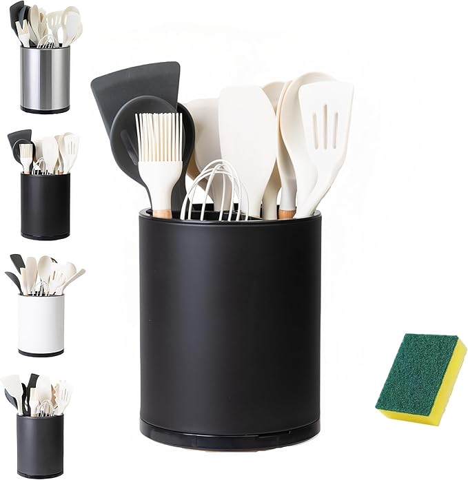 LIBODOUR Utensil Holder,Large 360°Rotating Kitchen Utensil Holder For Counter,Cooking Silverware Organizer Stainless Steel Caddy Flatware Spoon Spatula Tool Cutlery Container