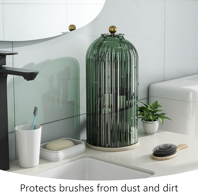 Makeup Brush Holder with Dustproof Cover 360 Rotating Makeup Brush Organizer for Vanity Bathroom, Green